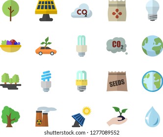 Color flat icon set energy saving lamp flat vector, salad, seeds, tree, seedlings, solar battery, earth, forest, eco cars, carbon dioxide, fector, nuclear power plant, drop