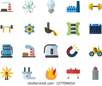 Color flat icon set energy saving lamp flat vector, electric kettle, fire, tractor, windmill, refueling, factory, accumulator, plug socket, manufactory, magnet, metallurgy, cogwheel, atom, dumbbell
