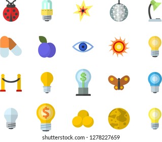 Color flat icon set energy saving lamp flat vector, plum, ladybird, butterflies, idea, eye, reading, moon, bulb, spark, pills, VIP area fector, sun, disco ball