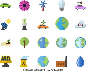 Color flat icon set energy saving lamp flat vector, windmill, tree, flower, seedlings, solar battery, earth, manufactory, eco cars, electric, carbon dioxide, nuclear power plant, fector, drop