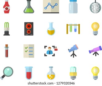 Color flat icon set energy saving lamp flat vector, induction cooker, glass jar, ketchup, chemistry, blood test, medical analysis, recruitment, point diagram, to do list, bulb, magnifier, beakers