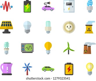 Color flat icon set energy saving lamp flat vector, switch box, electric kettle, windmill, battery, solar, socket, cars, fector, nuclear power plant, oscilloscope, discharge