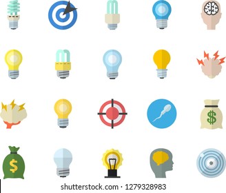 Color flat icon set energy saving lamp flat vector, wealth, sperm, target, bulb, fector, brainstorm, brain