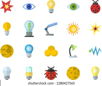 Color flat icon set energy saving lamp flat vector, ladybird, idea, eye, reading, moon, bulb, spark, electric discharge fector, pills, sun