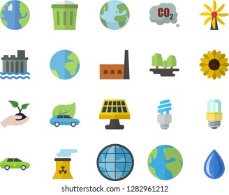 Color flat icon set energy saving lamp flat vector, flower, seedlings, solar battery, windmill, earth, forest, hydroelectric power station, manufactory, eco cars, electric, carbon dioxide, fector
