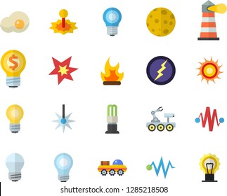 Color flat icon set energy saving lamp flat vector, scrambled eggs, bonfire, laser, lighthouse, idea, moon, bulb, spark, lightning, lunar rover, electric discharge fector, sun