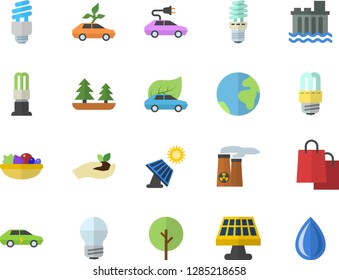 Color flat icon set energy saving lamp flat vector, salad, tree, seedlings, solar battery, forest, hydroelectric power station, eco cars, electric, bags, fector, nuclear plant, earth, drop