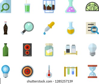 Color flat icon set energy saving lamp flat vector, induction cooker, spice, temperature, lemonade, whiskey, soda, greenhouse, glass bottles, pipette, medical analysis, magnifier, flask, beakers