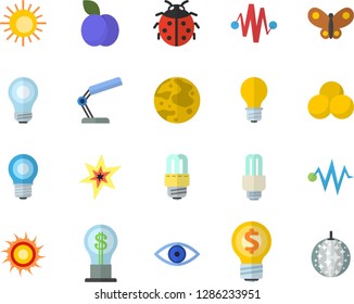 Color flat icon set energy saving lamp flat vector, plum, ladybird, butterflies, idea, eye, reading, moon, bulb, fector, spark, electric discharge, pills, sun, disco ball