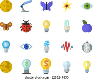 Color flat icon set energy saving lamp flat vector, plum, ladybird, butterflies, idea, eye, reading, moon, bulb, fector, spark, electric discharge, disco ball