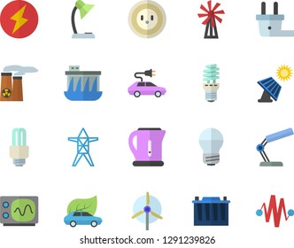 Color flat icon set energy saving lamp flat vector, electric kettle, windmill, solar battery, accumulator, socket, plug, power line support, hydroelectric station, eco cars, reading, fector
