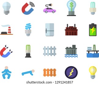 Color flat icon set energy saving lamp flat vector, heating batteries, fridge, oil production platform, battery, factory, hydroelectric power station, plant, electric cars, magnet, radiator, idea