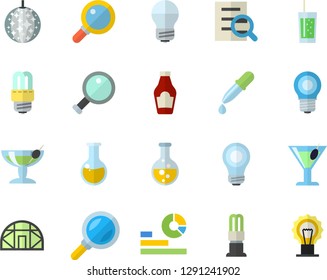 Color flat icon set energy saving lamp flat vector, ketchup, cocktail, soda, greenhouse, chemistry, magnifier, statistics, pipette, medical analysis, bulb, fector, disco ball