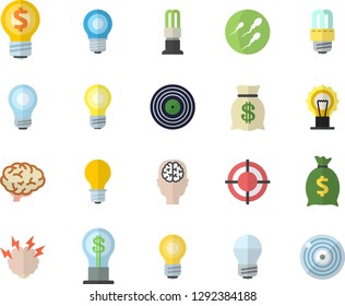 Color flat icon set energy saving lamp flat vector, idea, wealth, sperm, target, bulb, brainstorm, brain, fector