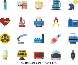 Color flat icon set energy saving lamp flat vector, calculator, microwave, solar battery, refueling, manufactory, radiation, dividers, rocket, telephone, reading, printer, copy machine, microscope