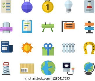 Color flat icon set energy saving lamp flat vector, heating batteries, grater, horseshoe, sun, signboard, earth, graphic report, news, present, barcode, ultrasound, to do list, printer, medal, badge