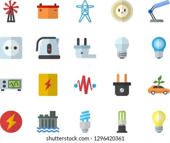 Color flat icon set energy saving lamp flat vector, switch box, electric kettle, windmill, accumulator, socket, plug, power line support, hydroelectric station, eco cars, reading, fector, lightning