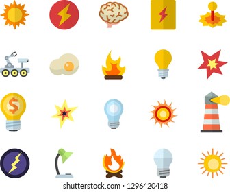 Color flat icon set energy saving lamp flat vector, switch box, scrambled eggs, sun, bonfire, laser, lighthouse, idea, reading, bulb, spark, lightning, lunar rover, brain, fector