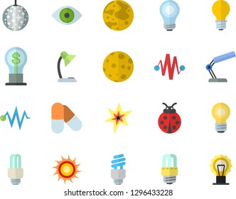 Color flat icon set energy saving lamp flat vector, ladybird, idea, eye, reading, moon, bulb, fector, spark, electric discharge, pills, sun, disco ball