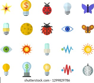 Color flat icon set energy saving lamp flat vector, ladybird, butterflies, idea, eye, moon, bulb, fector, spark, electric discharge, sun, disco ball