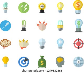 Color flat icon set energy saving lamp flat vector, idea, wealth, sperm, target, bulb, brainstorm, brain, fector