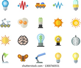 Color flat icon set energy saving lamp flat vector, scrambled eggs, sun, butterflies, idea, reading, bulb, lunar rover, brain, electric discharge fector, disco ball