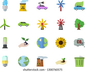Color flat icon set energy saving lamp flat vector, windmill, tree, flower, seedlings, earth, eco cars, electric, carbon dioxide, fector, nuclear power plant, trash can