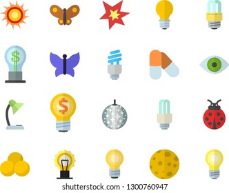 Color flat icon set energy saving lamp flat vector, ladybird, butterflies, idea, eye, reading, moon, bulb, fector, spark, pills, sun, disco ball