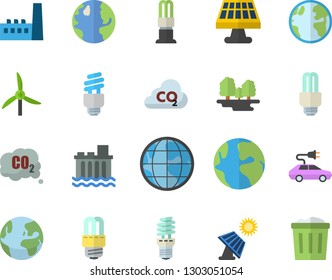 Color flat icon set energy saving lamp flat vector, solar battery, windmill, earth, forest, hydroelectric power station, manufactory, electric cars, carbon dioxide, fector, trash can