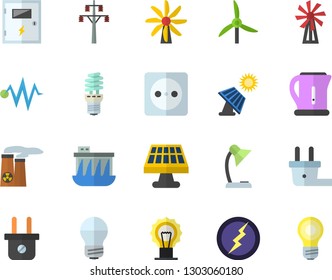 Color flat icon set energy saving lamp flat vector, switch box, electric kettle, windmill, solar battery, socket, plug, power line support, hydroelectric station, reading, nuclear plant, lightning