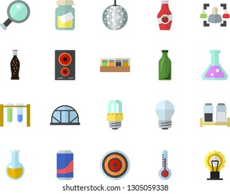 Color flat icon set energy saving lamp flat vector, induction cooker, spice, lemonade, ketchup, thermometer, greenhouse, glass bottles, medical analysis, recruitment, flask, magnifier, beakers