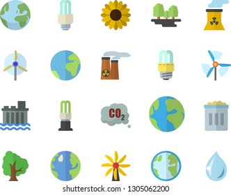 Color flat icon set energy saving lamp flat vector, tree, flower, windmill, earth, forest, hydroelectric power station, carbon dioxide, fector, nuclear plant, trash can, drop