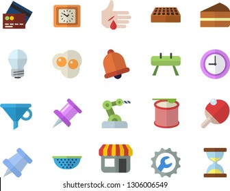 Color flat icon set energy saving lamp flat vector, repair, brick, colander, piece of cake, scrambled eggs, store front, funnel, clock, injury, drawing pin, pushpin, industrial robot, steroids, bell