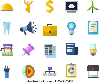 Color flat icon set energy saving lamp flat vector, dish, well, windmill, case, graphic report, dollar, news, mouthpiece, ultrasound, caries, drawing pin, classification, core of the earth fector
