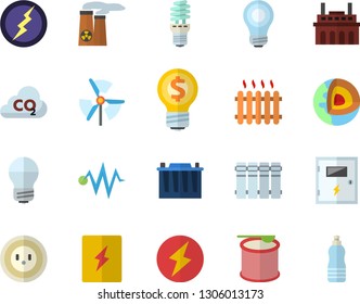 Color flat icon set energy saving lamp flat vector, switch box, heating batteries, accumulator, socket, plant, carbon dioxide, radiator, idea, bulb, nuclear power, lightning, windmill, steroids