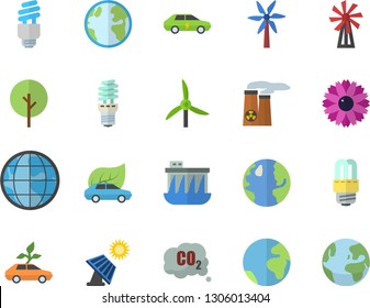 Color flat icon set energy saving lamp flat vector, windmill, tree, flower, solar battery, earth, hydroelectric power station, eco cars, electric, carbon dioxide, fector, nuclear plant