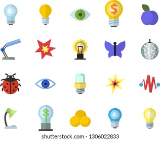 Color flat icon set energy saving lamp flat vector, plum, ladybird, butterflies, idea, eye, reading, bulb, spark, electric discharge fector, pills, disco ball