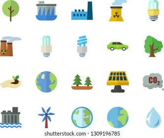 Color flat icon set energy saving lamp flat vector, windmill, tree, seedlings, solar battery, earth, forest, hydroelectric power station, manufactory, electric cars, carbon dioxide, vector, drop
