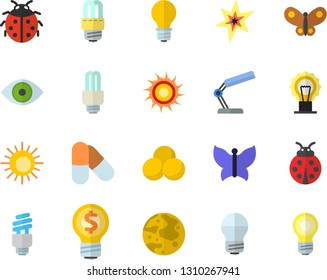 Color flat icon set energy saving lamp flat vector, ladybird, butterflies, idea, eye, reading, moon, fector, spark, pills, sun