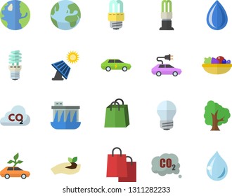 Color flat icon set energy saving lamp flat vector, salad, tree, seedlings, solar battery, earth, hydroelectric power station, eco cars, electric, carbon dioxide, bags, fector, drop