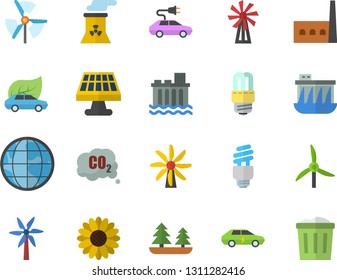 Color flat icon set energy saving lamp flat vector, windmill, flower, solar battery, forest, hydroelectric power station, manufactory, eco cars, electric, carbon dioxide, earth, fector, trash can