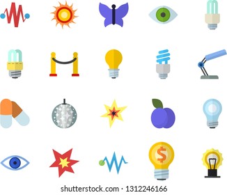 Color flat icon set energy saving lamp flat vector, plum, butterflies, idea, eye, reading, bulb, fector, spark, electric discharge, pills, VIP area, sun, disco ball