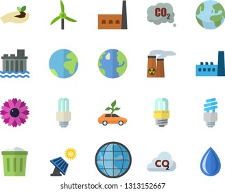 Color flat icon set energy saving lamp flat vector, flower, seedlings, solar battery, windmill, earth, hydroelectric power station, manufactory, eco cars, carbon dioxide, fector, nuclear plant, drop