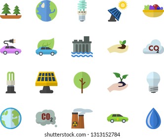 Color flat icon set energy saving lamp flat vector, salad, tree, seedlings, solar battery, earth, forest, hydroelectric power station, eco cars, electric, carbon dioxide, nuclear plant, drop