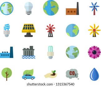 Color flat icon set energy saving lamp flat vector, windmill, tree, flower, seedlings, solar battery, earth, hydroelectric power station, manufactory, eco cars, carbon dioxide, fector, drop