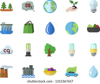 Color flat icon set energy saving lamp flat vector, salad, tree, seedlings, earth, forest, hydroelectric power station, eco cars, carbon dioxide, bags, fector, nuclear plant, drop