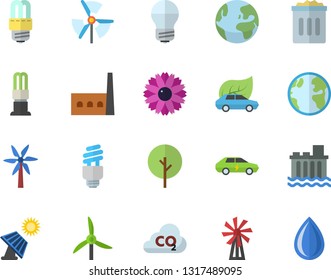 Color flat icon set energy saving lamp flat vector, windmill, tree, flower, solar battery, earth, hydroelectric power station, manufactory, eco cars, electric, carbon dioxide, fector, trash can