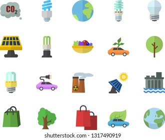 Color flat icon set energy saving lamp flat vector, salad, tree, solar battery, hydroelectric power station, eco cars, electric, carbon dioxide, bags, fector, nuclear plant, earth