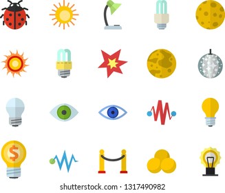 Color flat icon set energy saving lamp flat vector, ladybird, idea, eye, reading, moon, fector, spark, electric discharge, pills, VIP area, sun, disco ball