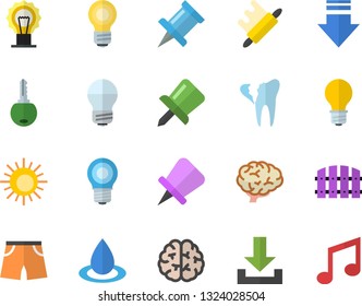 Color flat icon set energy saving lamp flat vector, rolling pin, fence, drop, broken tooth, drawing, bulb, brain, athletic shorts, sun fector, download, key, note